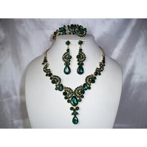 Green necklace set, statement prom green rhinestone necklace, necklace set
